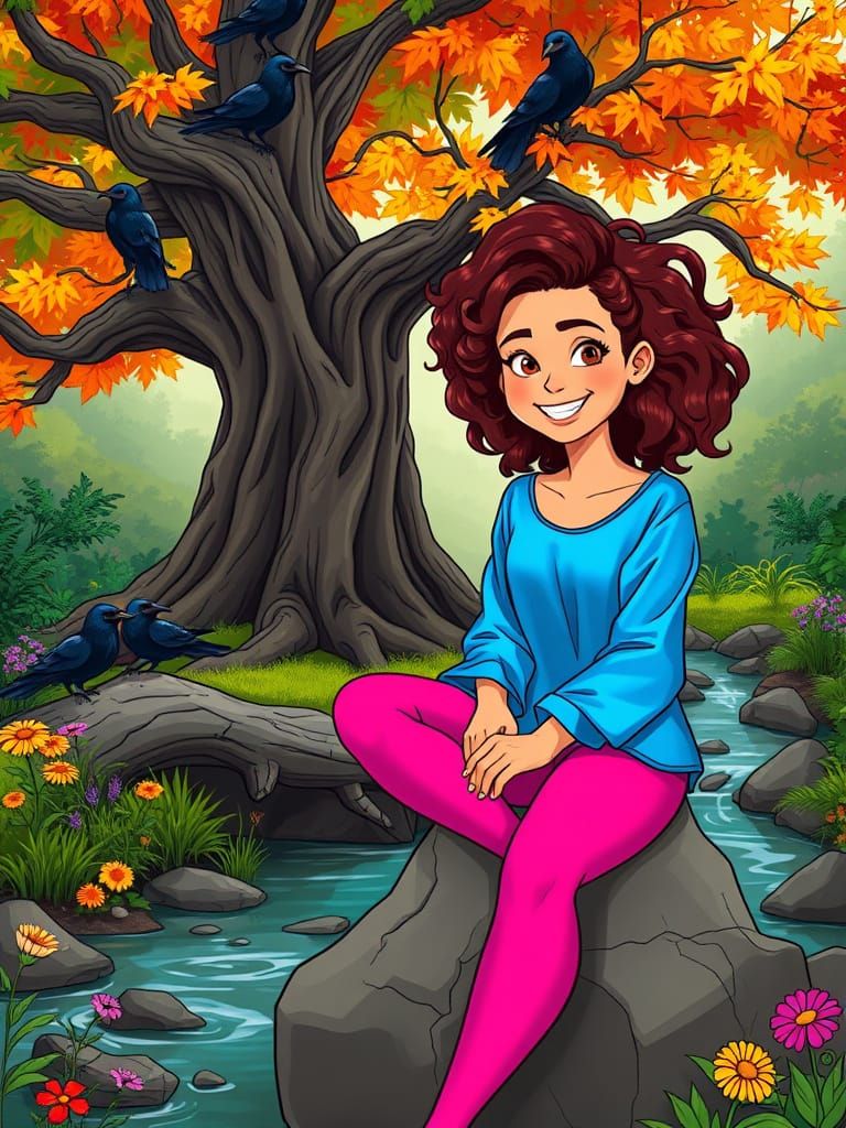 Whimsical Girl in Electric Blue Surrounded by Autumnal Lands...