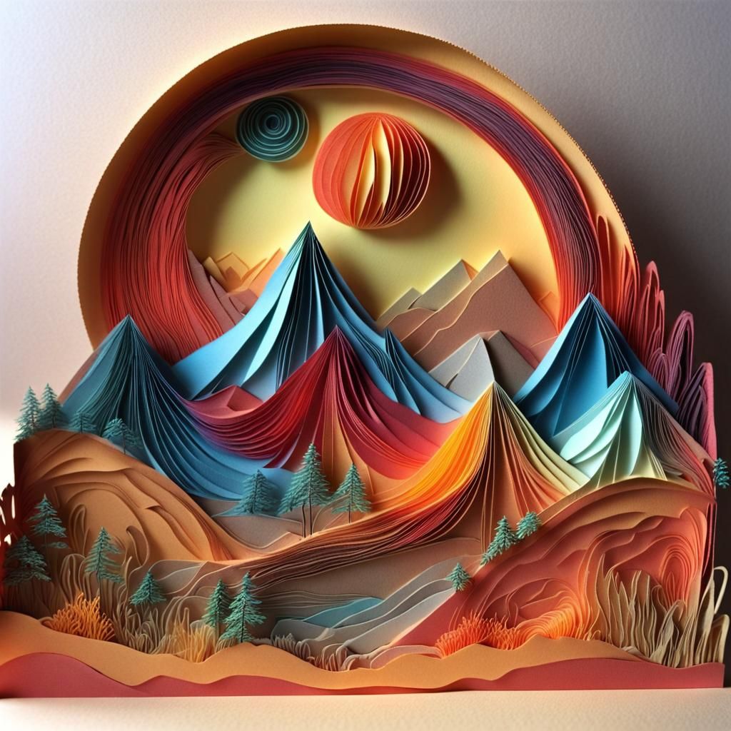 Cosmic Paper Quilling: Mountainous Kirigami Landscape