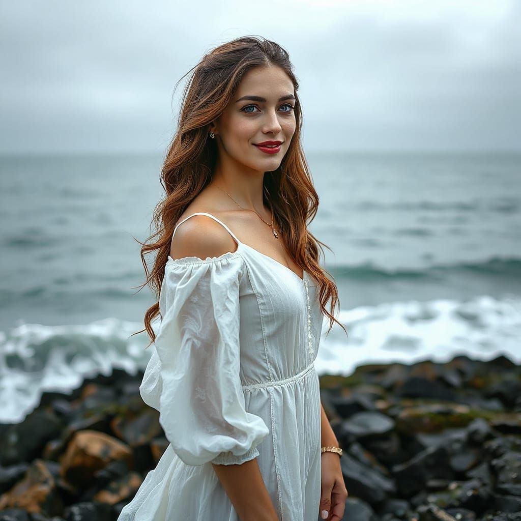 Woman on Rocky Shoreline in Hyperrealistic Style