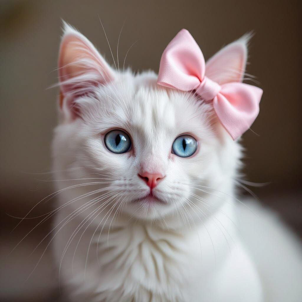 Cute White Cat with Blue Eyes and Pink Bow