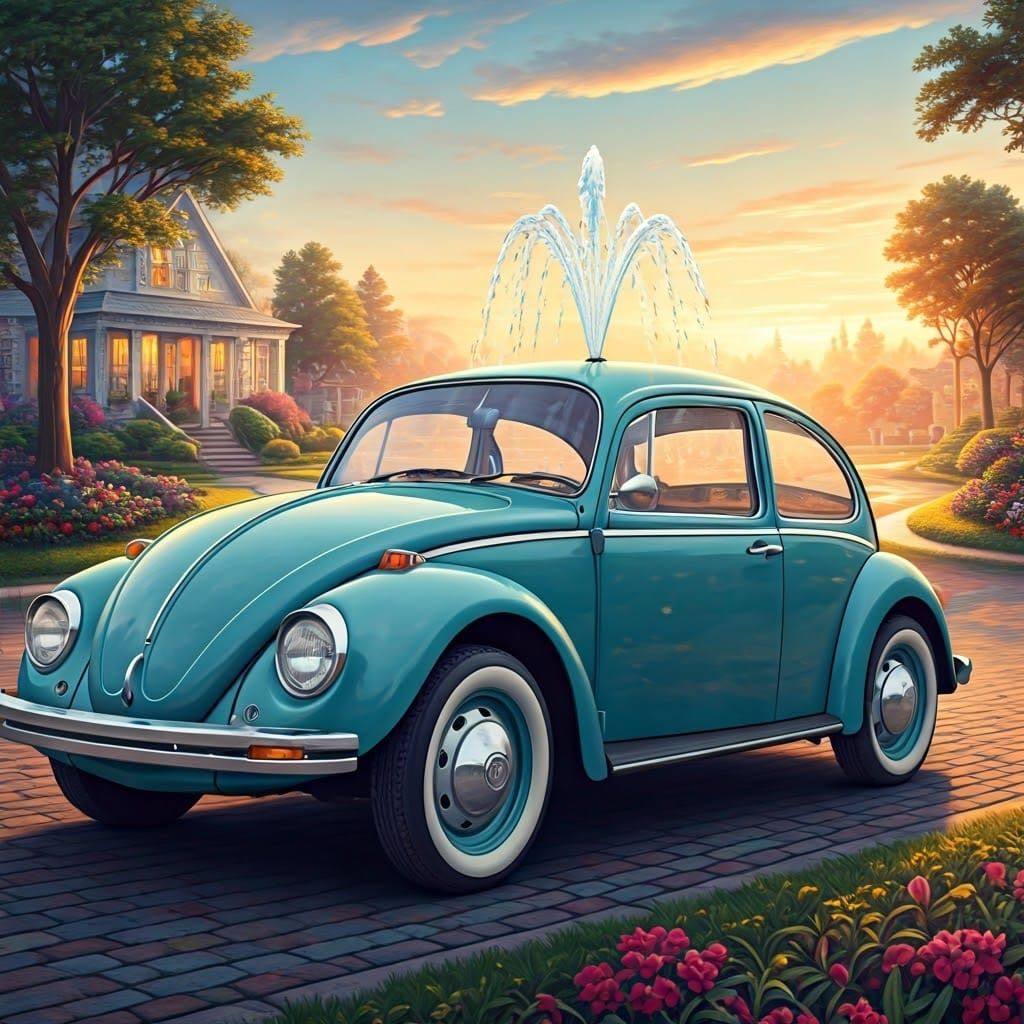 Volkswagen Beetle Water Fountain in Ethereal Style