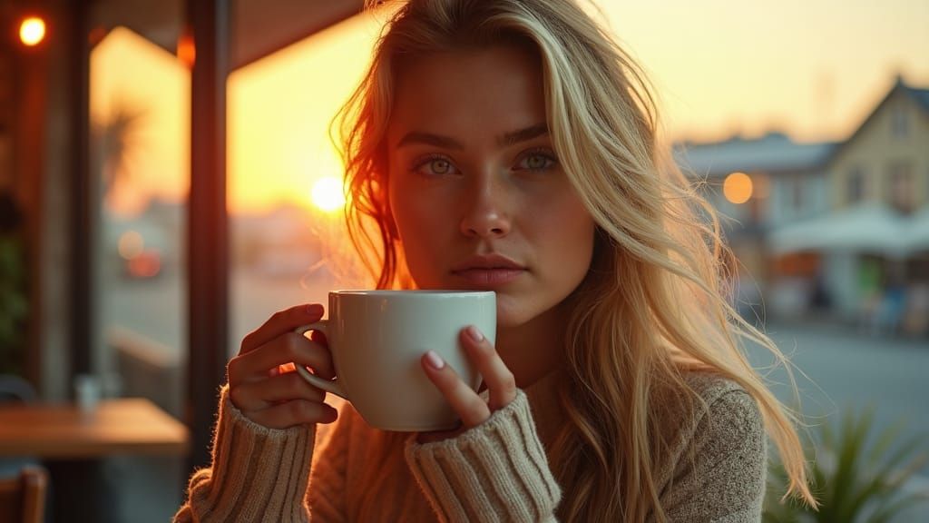 Beautiful Woman in Cafe at Sunset: Photorealistic Portrait