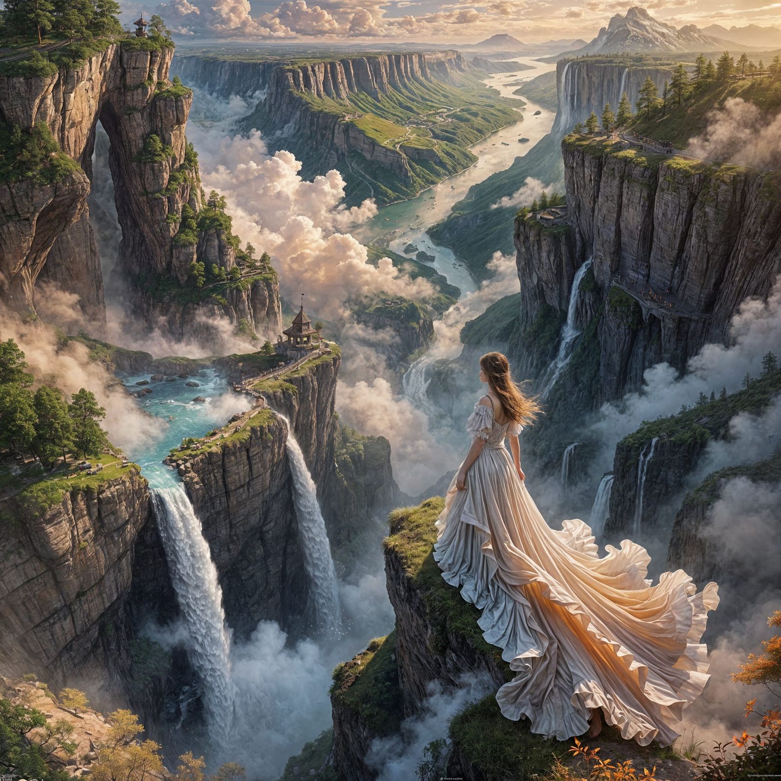 👉🌿 Вид сверху:  водопад в облаках на закате.
На краю земли...