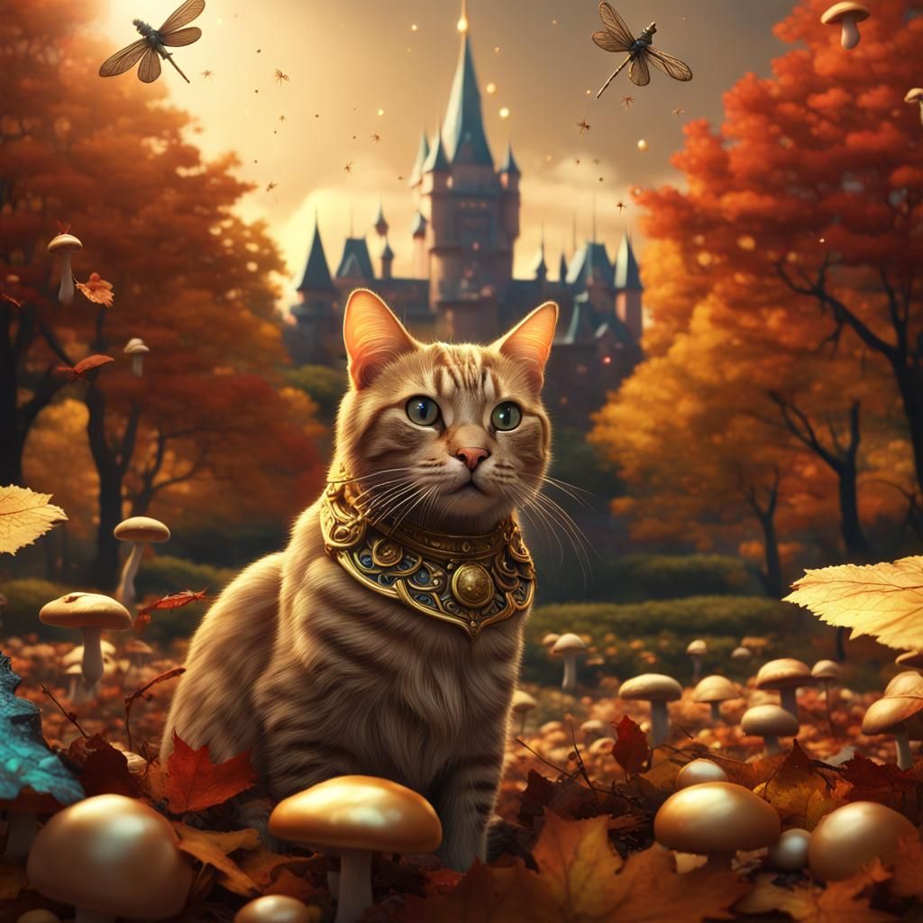 Cosmic Cat in Autumnal Fantasy Landscape