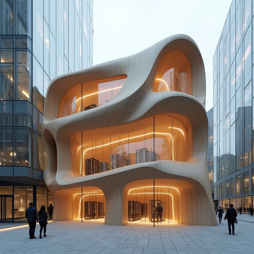 Futuristic Wooden Data Center in Syd Mead Style