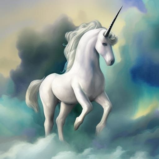 Mystical Unicorn in Ruined City: Gouache Impressionist Paint...