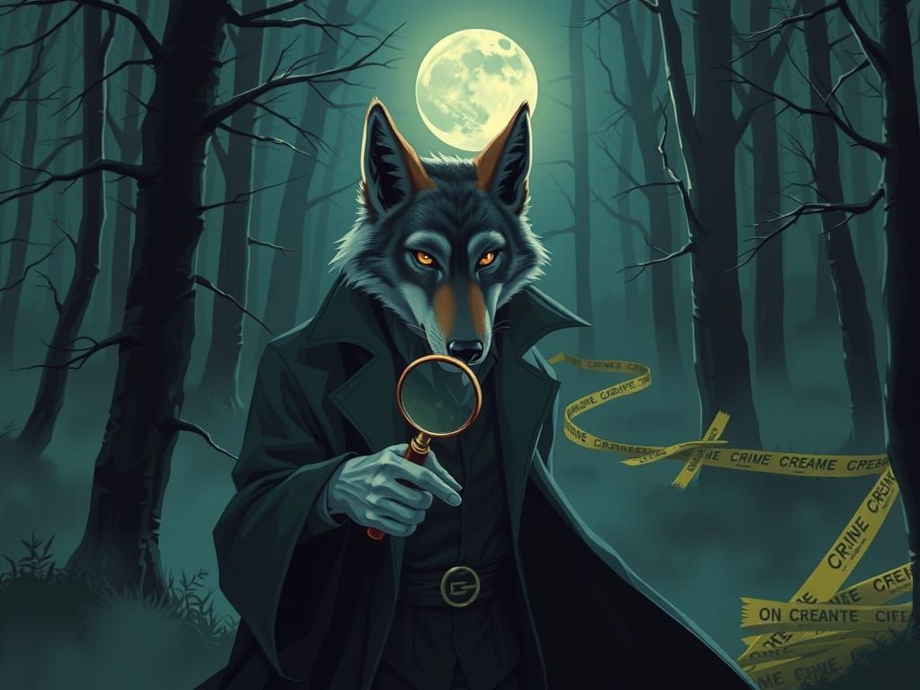 Wolf Detective Investigates Crime Scene in Film Noir Style
