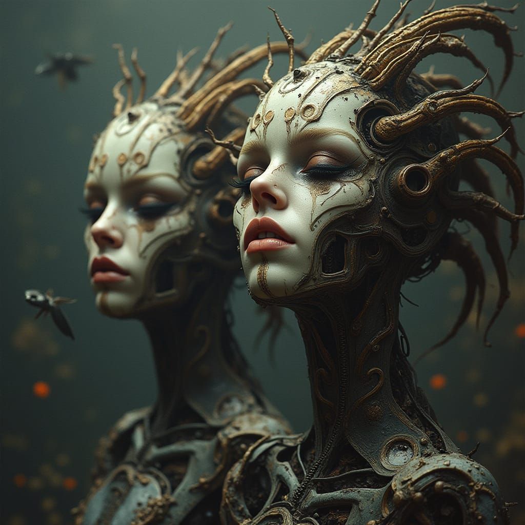 Biomechanical Twins in Surrealist Dreamscape
