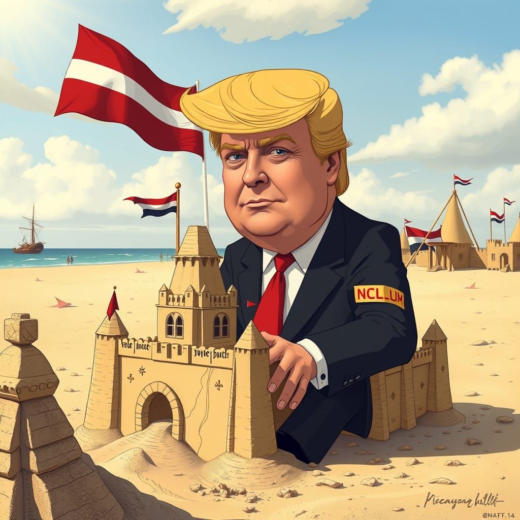 Donald Trump sitting on the dutch beach. building a sand cas...