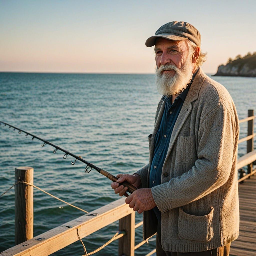 Bearded Fisherman at Golden Hour: Pier Landscape