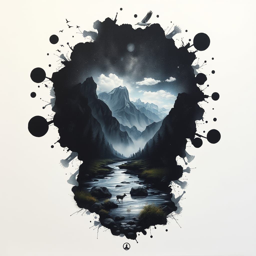 Ink Blot Landscape: Cosmic Mixed Media Illustration