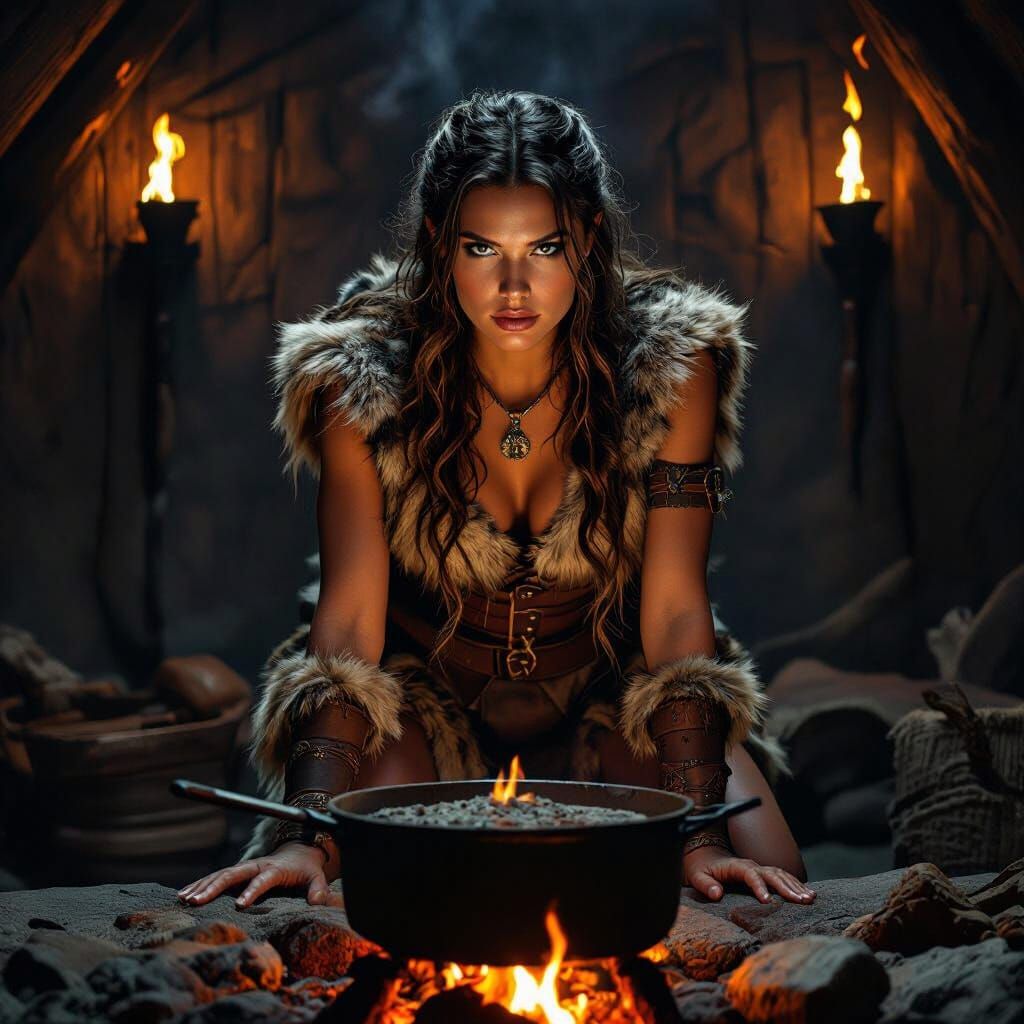 Nordic Cavewoman Cooking Over Fire in a Cave