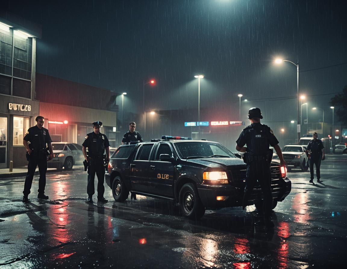 Dramatic Police Standoff at Car Wash: Cinematic Film Still