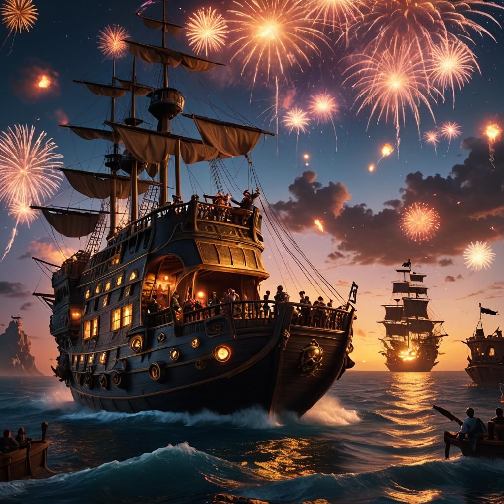 Aliens on Pirate Ship at Sunset: 8K Artstation Painting