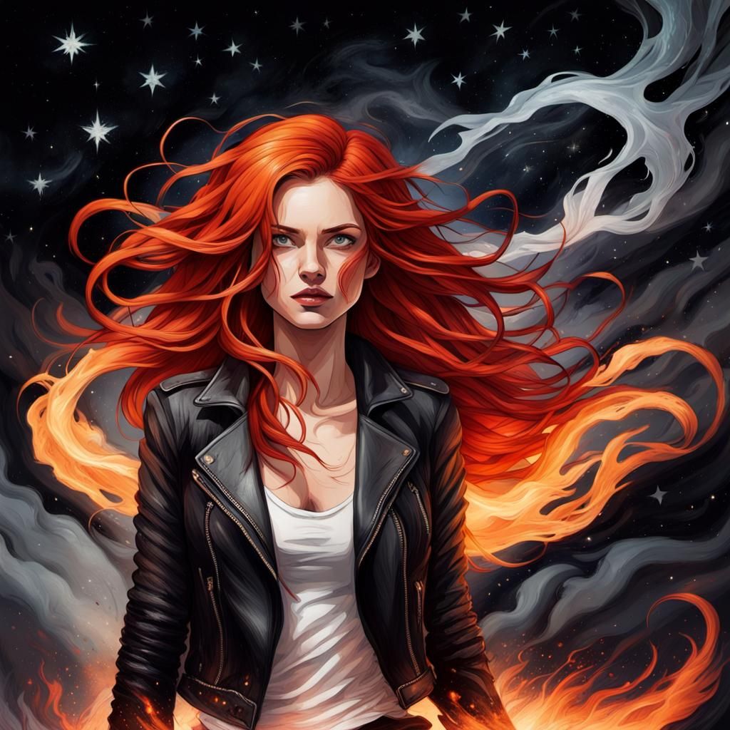 Powerful Woman with Fiery Hair in Pyrography Style