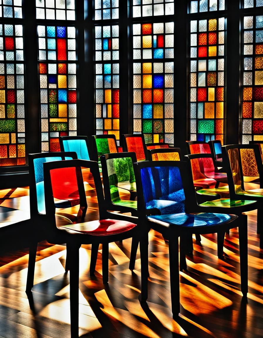 Stained Glass Chairs in Contemporary Museum: HDR Hyperrealis...