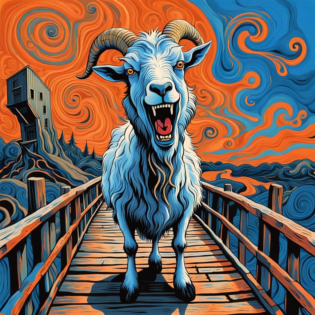 Screaming Goat on Bridge: A Surreal Expressionist Scene