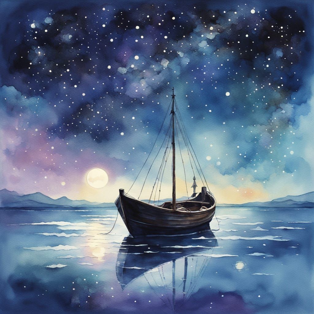 Solitary Boat Drifts Under Luminous Constellations