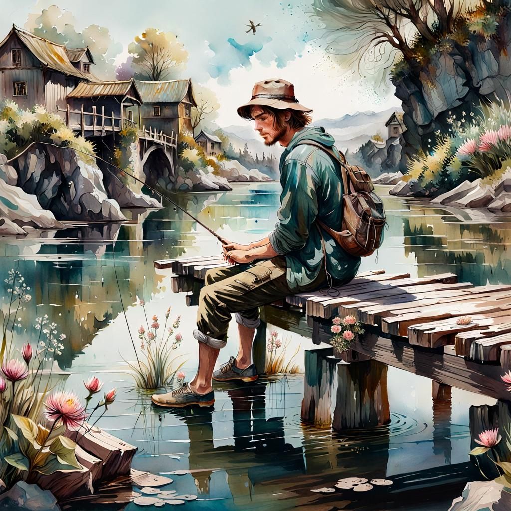 Vintage Watercolor Painting of Fisherman on Old Bridge