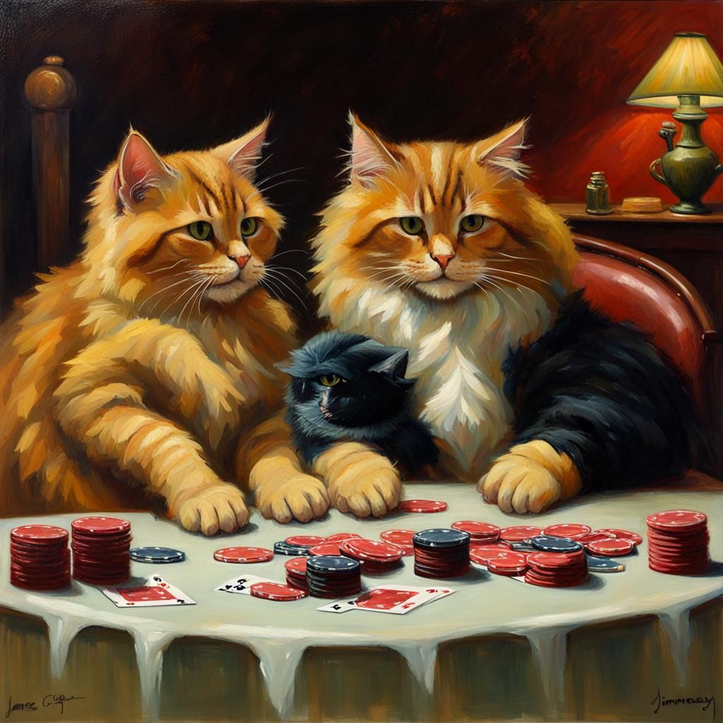 Fluffy Cats Playing Poker as Oil Painting