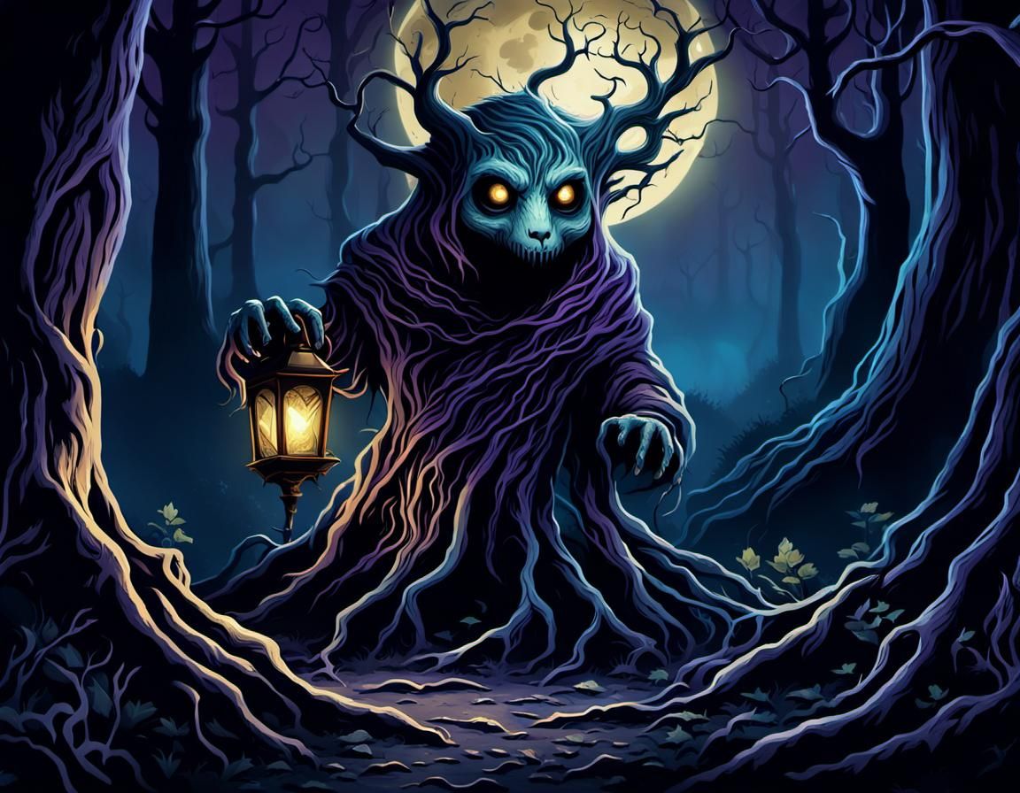 Eerie Creature in Haunted Forest: Dark Fantasy Art
