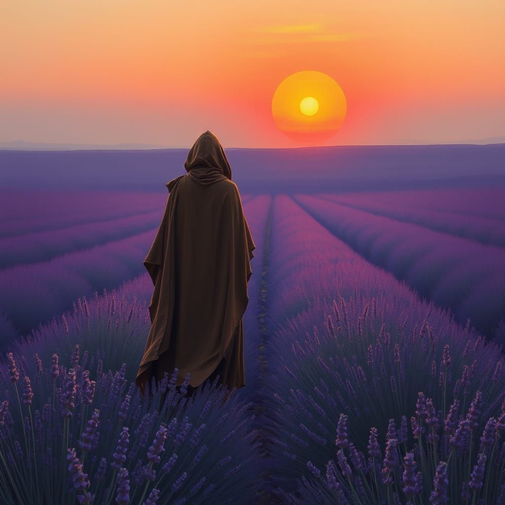 Contemplative Figure at Sunset in Lavender Field