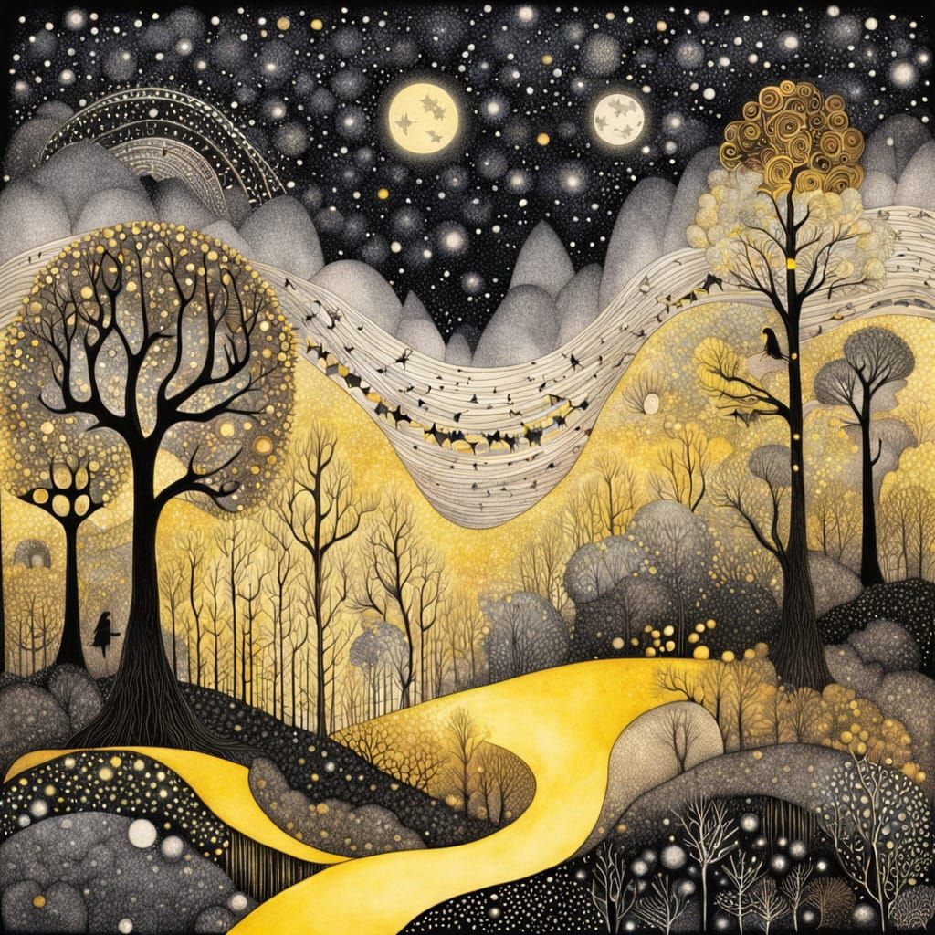 Misty Forest Under Starry Sky