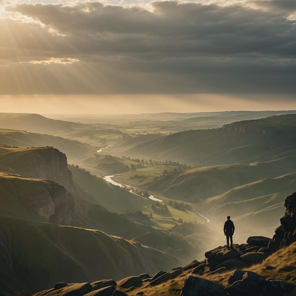 Man on Cliff at Golden Hour: Cinematic Film Still