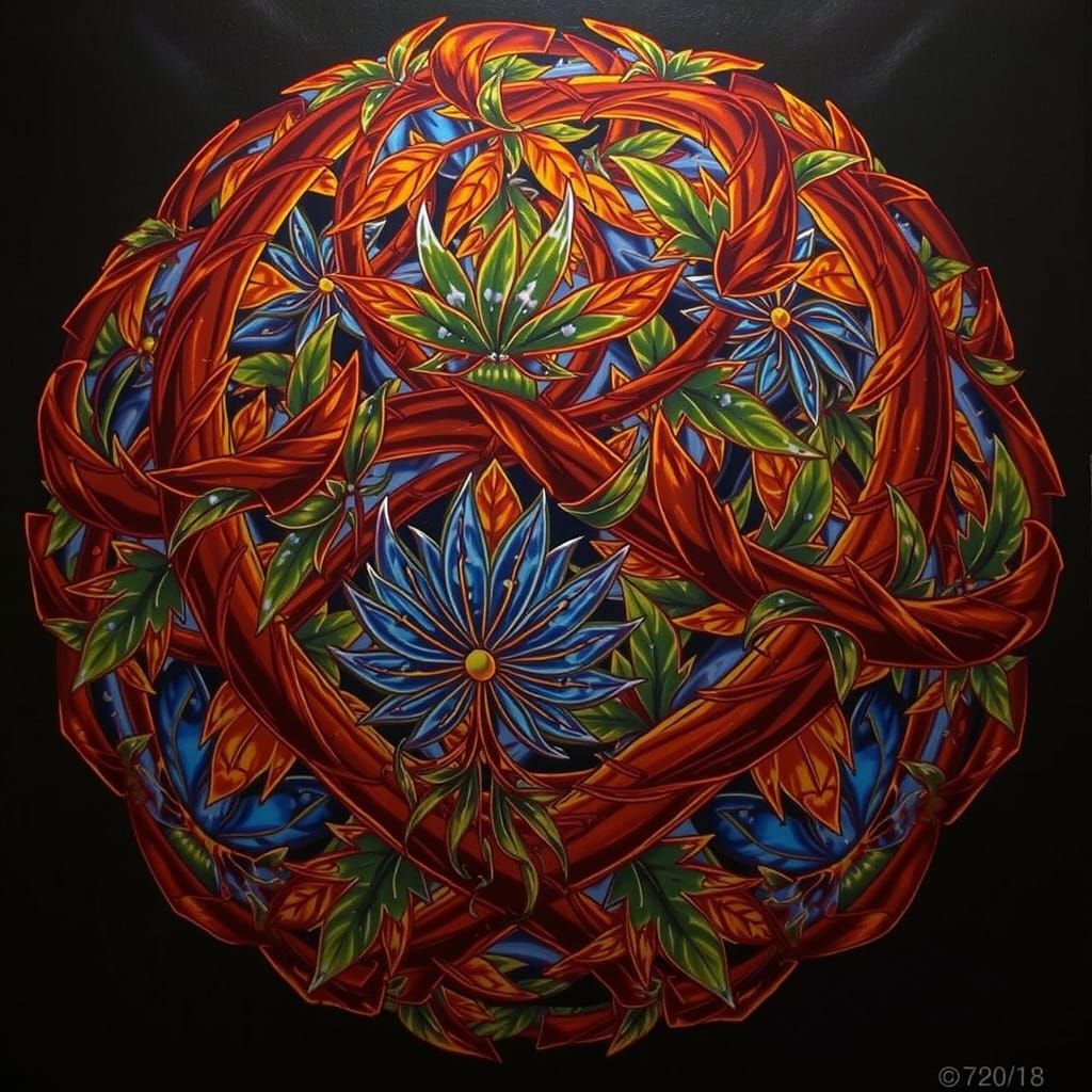 Abstract Botanical Art with Crystalline Leaves Refracting Li...