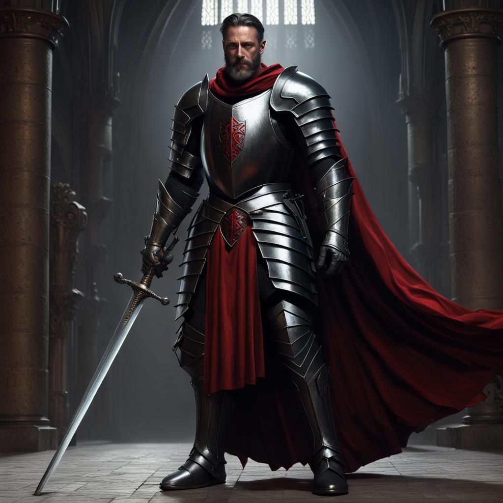 Detailed Black Knight with Red Eyes in Dark Castle