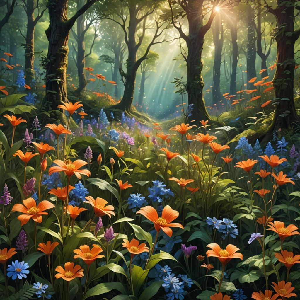 Lush Forest: Wildflowers in Hyper-Realistic Digital Art
