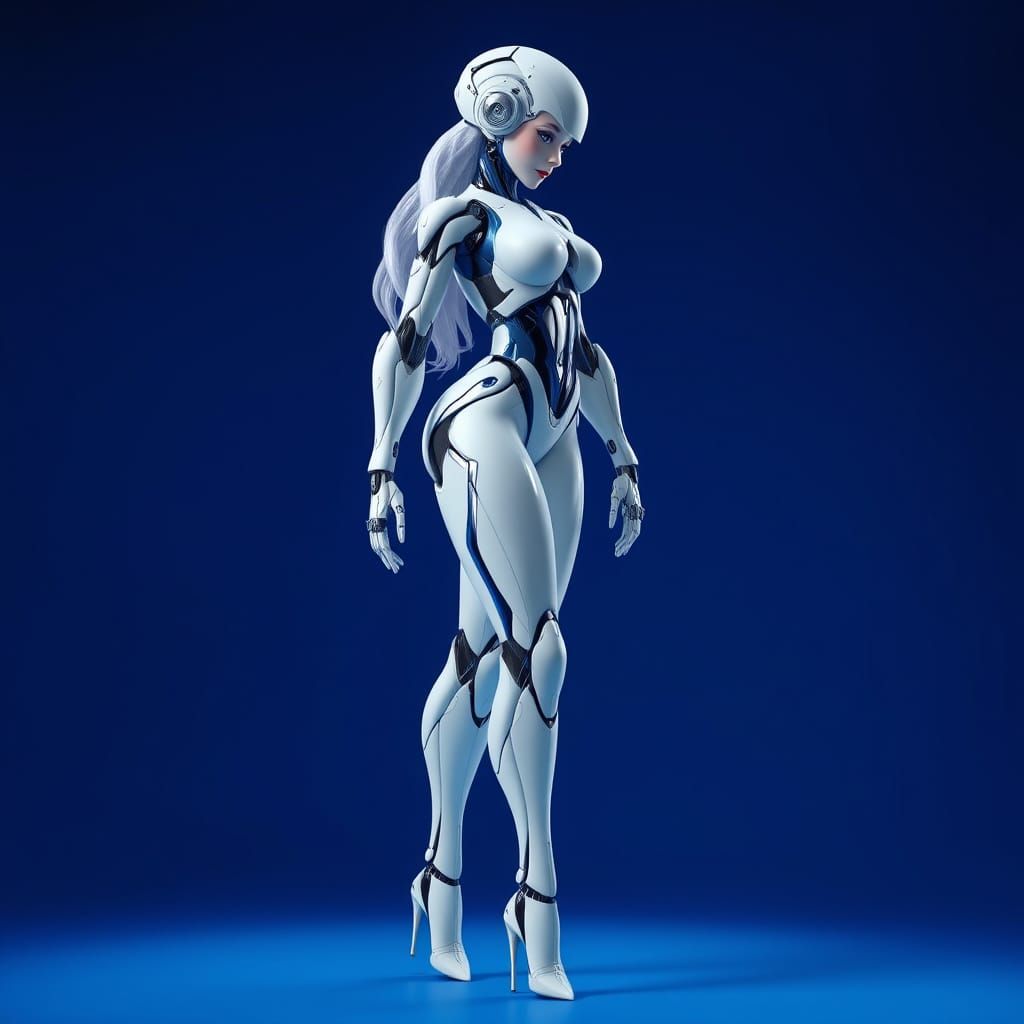 Cyberpunk Robot Goddess in High Heels on Deep Blue Backgroun...
