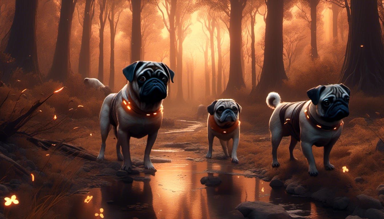 Pugs Explore Forest Path with Glowing Fireflies