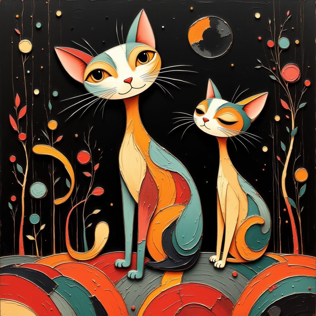 Atomic Mid Century Abstract Cats in Bright Hues