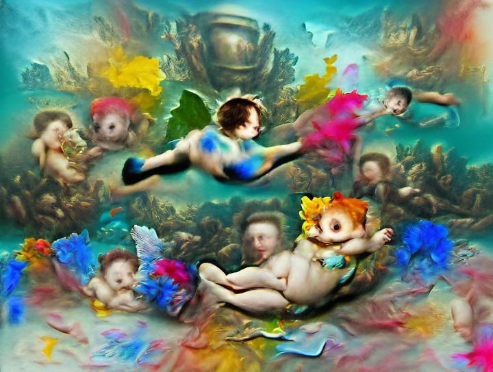 Cherub Diving in Underwater Renaissance Painting