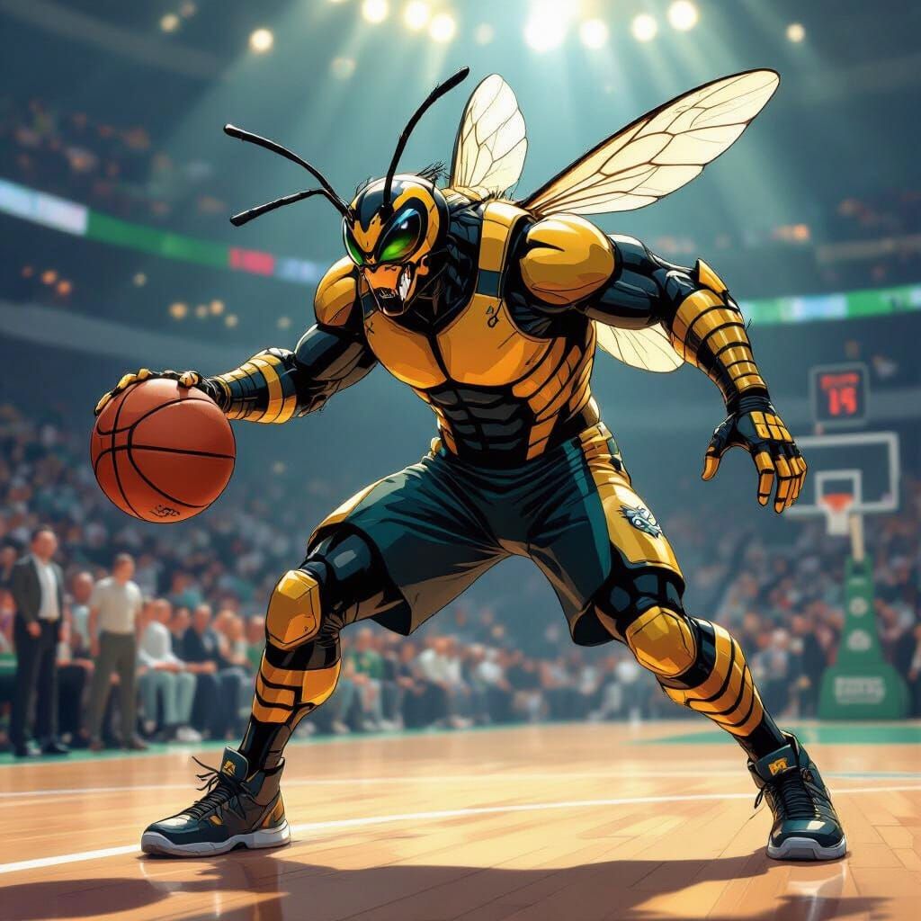 Humanoid Hornet Dominates Basketball Court in Comic Style