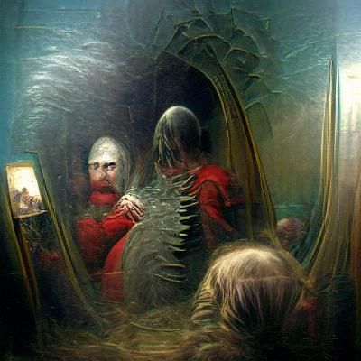 Horror Scene Through Mirror, Engraving Style