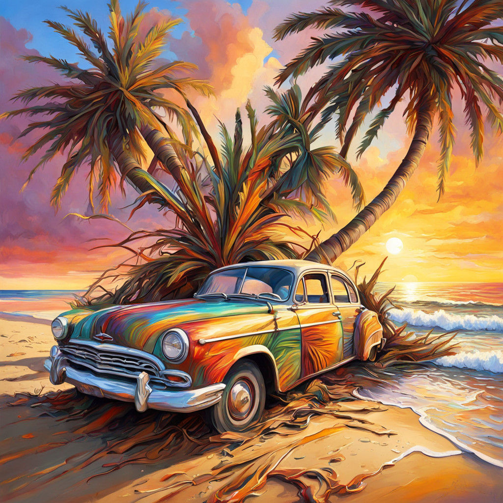 Surreal Beach Crash in Vibrant Oil Painting Style