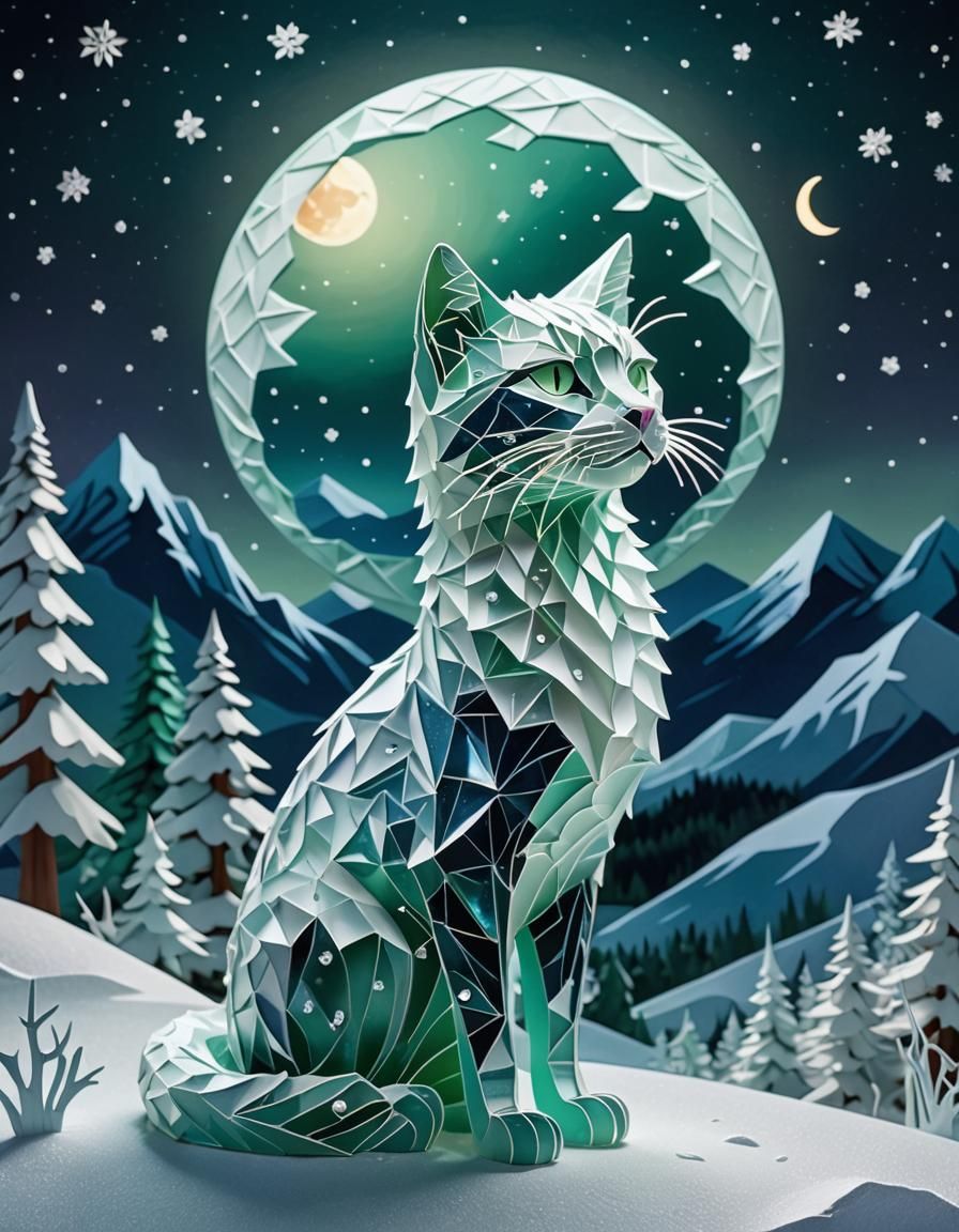 Ice Crystal Cat Kirigami in Snowy Landscape