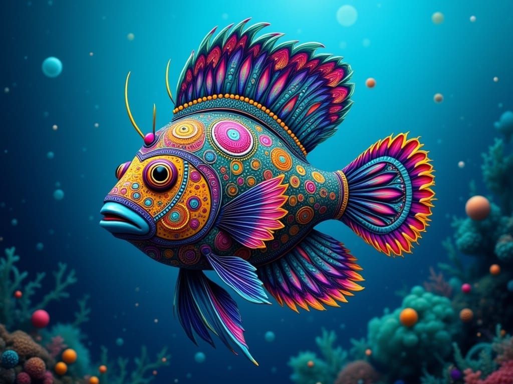 Exotic Ornate Fish With Geometric Patterns in Deep Blue Sea