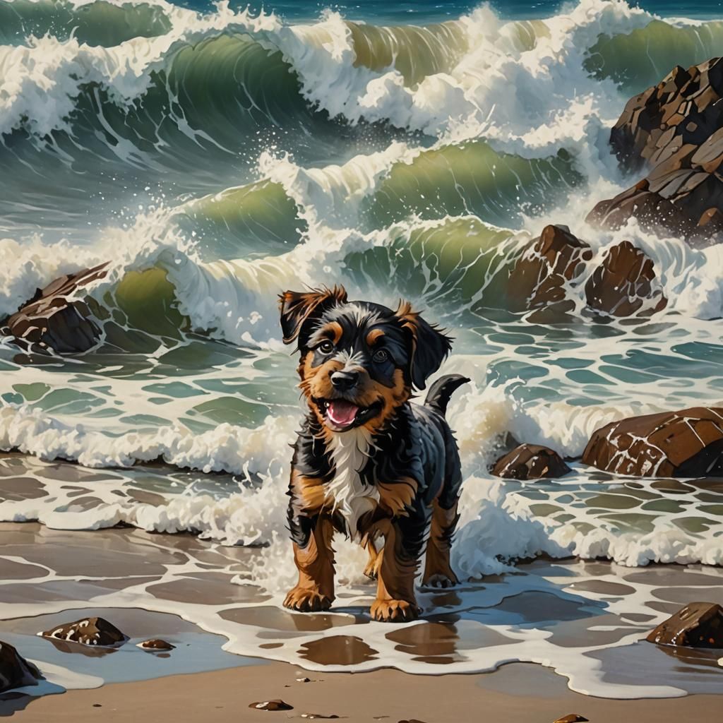 Puppy Barking at Gigantic Ocean Waves: Oil Painting