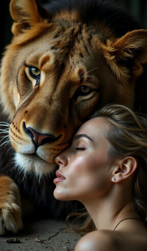 Realistic Portrait of Woman with Majestic Lioness