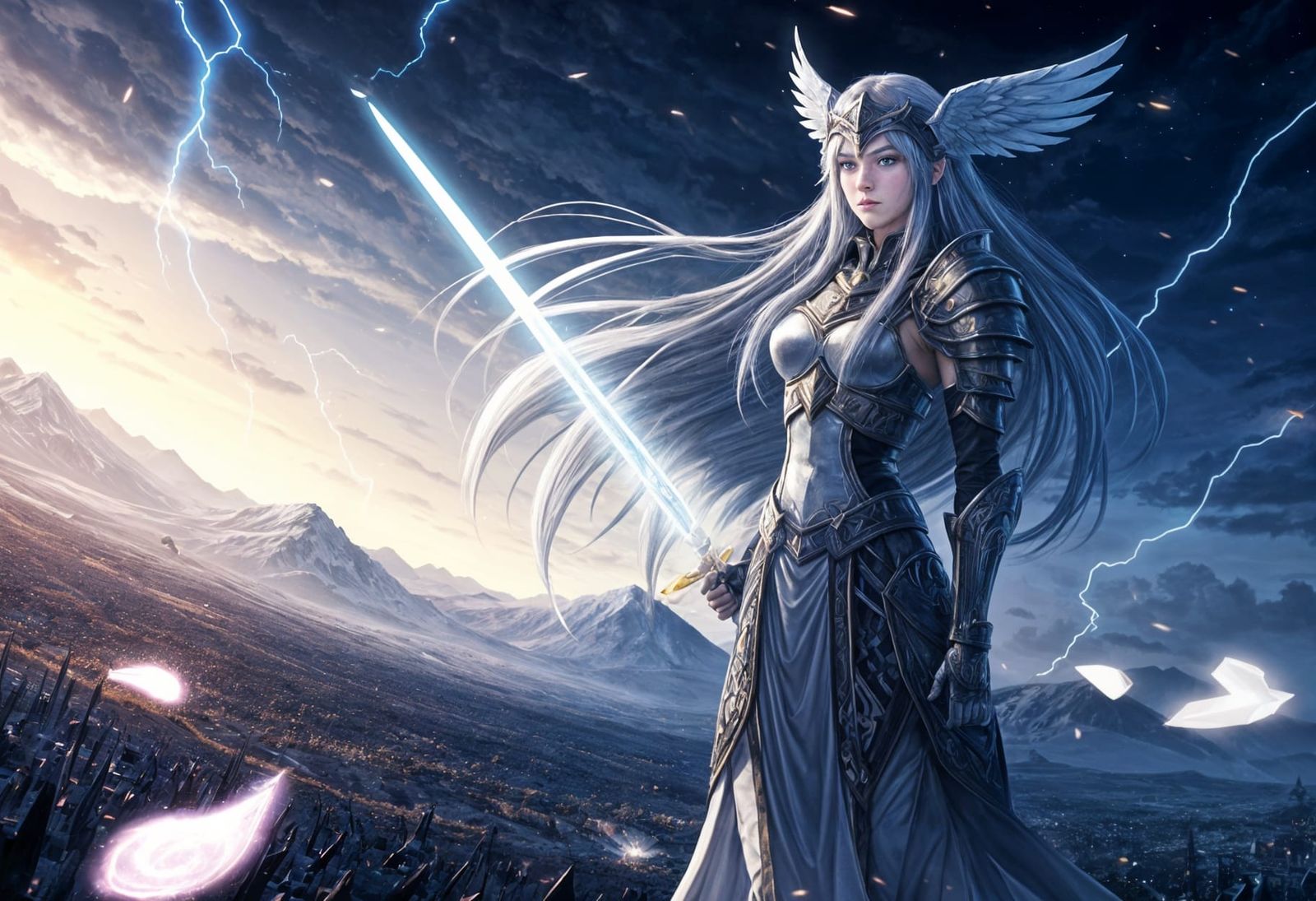 Anime Valkyrie Overlooking Battlefield in Kou Yoshinari Styl...