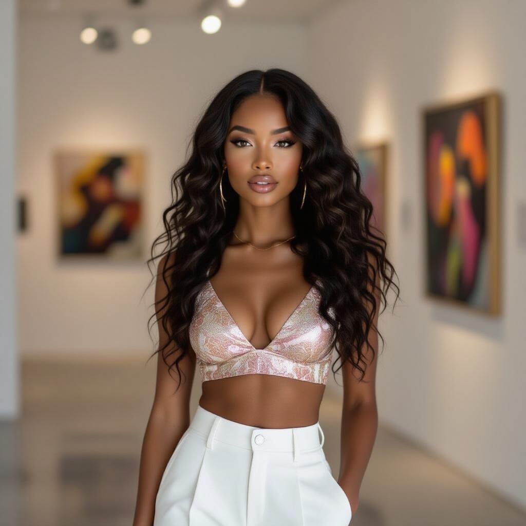 Modern Art Fashion: Black Woman in Rose Gold Outfit