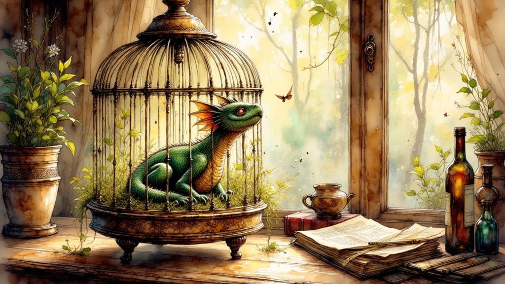 Steampunk Birdcage With Clockwork Dragon in Victorian Study