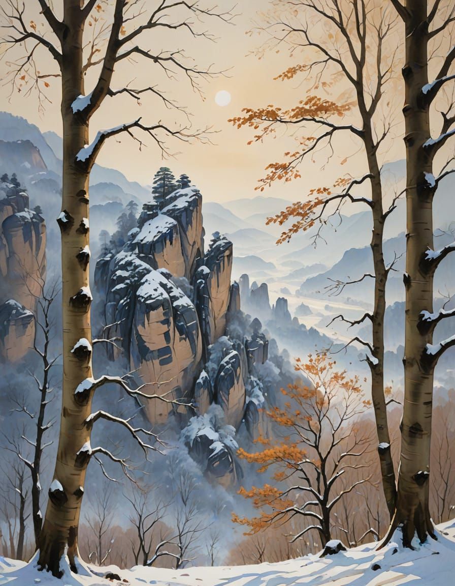 Snowy Elbe Sandstone Mountainscape in Gouache Style