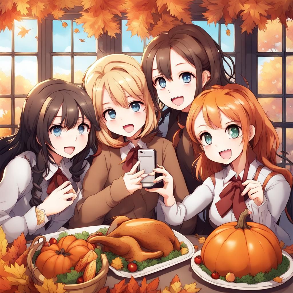 Girls Take Thanksgiving Selfie in Anime Style