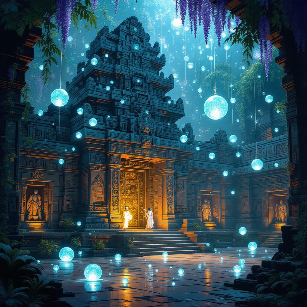 Ancient Temple of Whispering Lights: Mayan Art Deco Fusion