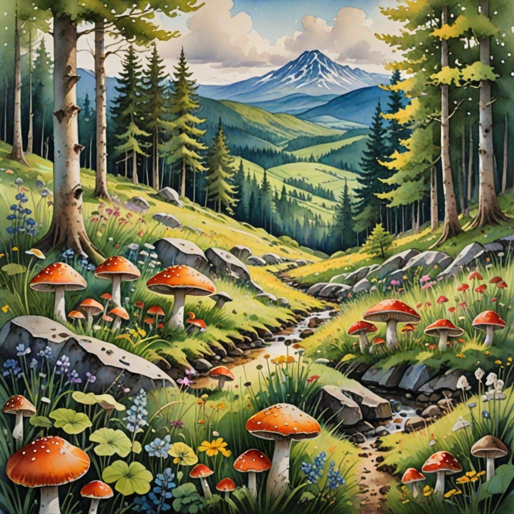 Vibrant Watercolour Edge Habitat Scene with Mountains