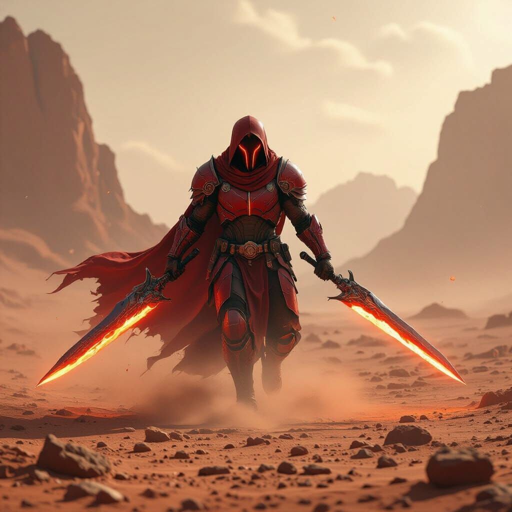 Crimson Warrior Charges Mars Landscape in Epic Sci-Fi Art